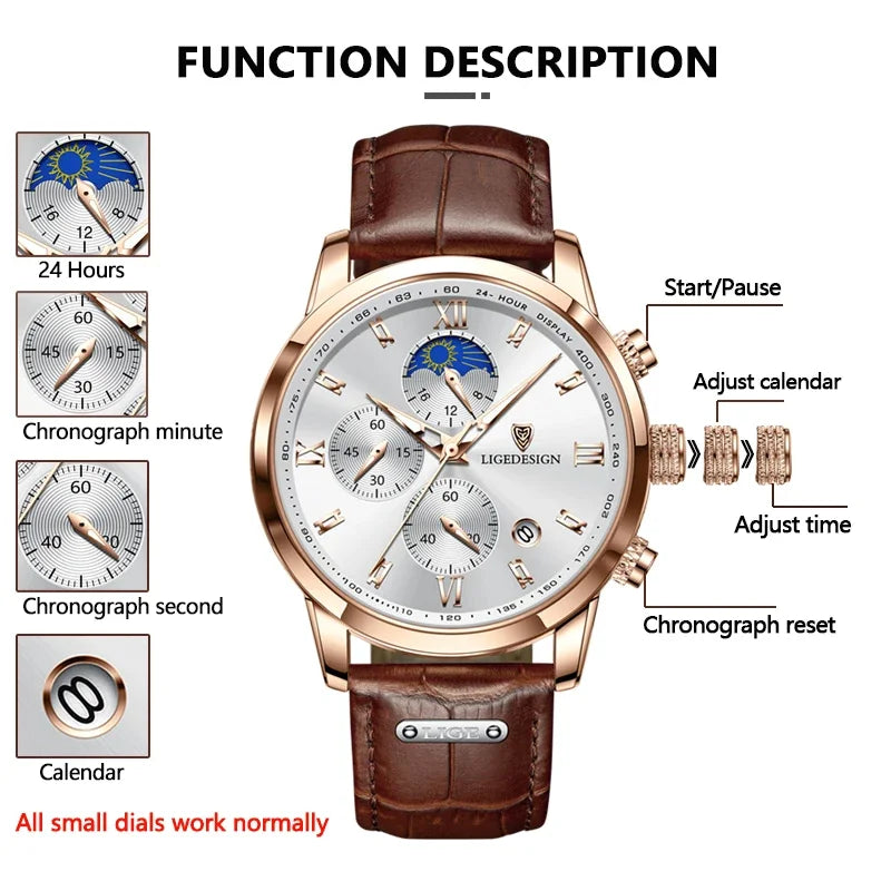 LIGE Luxury Fashion Women Watch Leather Strap Waterproof Casual Sport Quartz Wristwatch 24 hour Moon Phase Clock Watch for Women