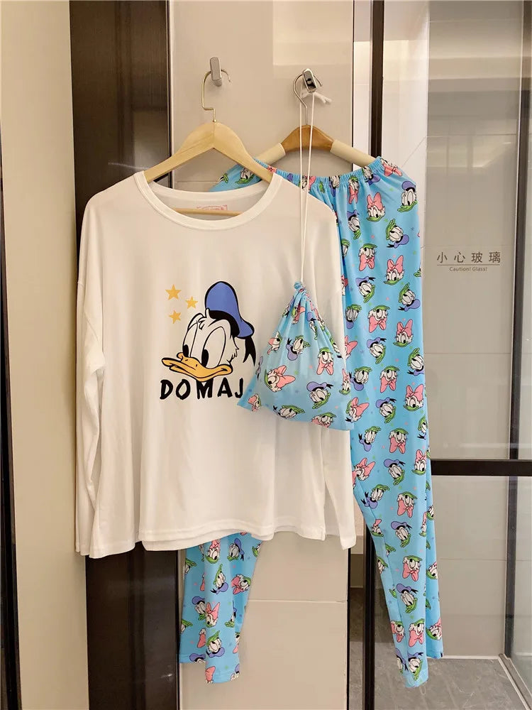 Pijama nuevo de Disney Donald Duck para mujer, conjunto de dos piezas de pantalones de manga larga de algodón de otoño, pijama de seda, conjunto de ropa de estar por casa para mujer