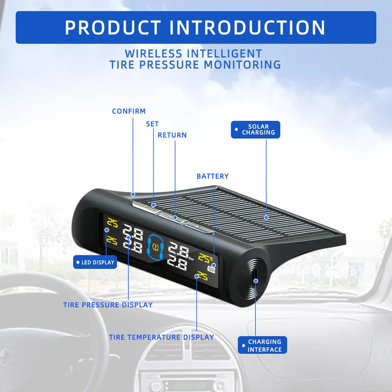 Sistema de monitoreo de presión de neumáticos TPMS con 4 sensores para automóvil, pantalla de advertencia inteligente solar, para automóviles, SUV, MPV