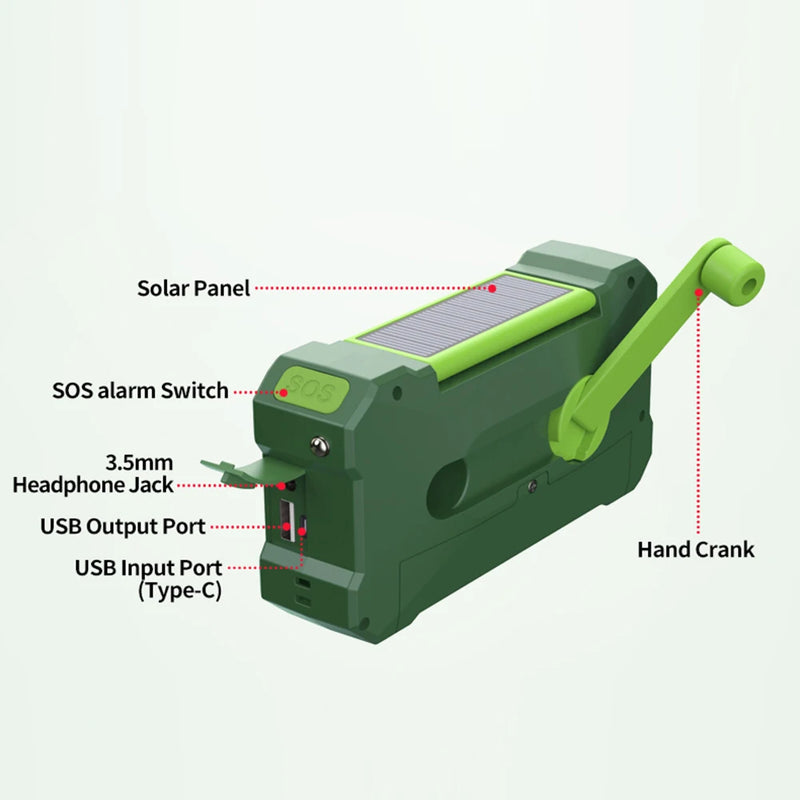 Radio multifuncional de 10000 mAh con manivela y carga solar por USB, radio meteorológica FM, AM, WB, NOAA, linterna LED de emergencia