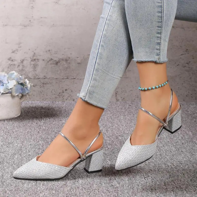 Gold Silver Bling High Heel Pumps Women Fashion Back Strap Slip-On Party Shoes Woman Pointed Toe Slingbacks Thick-Heeled Shoes