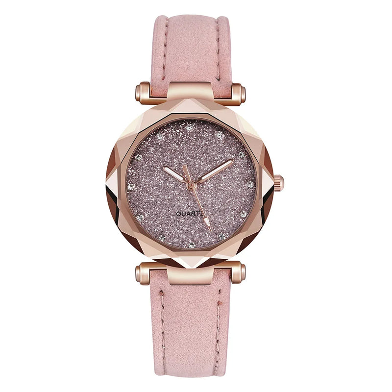 Round Face Rhinestone Star Sky Silver Pink Women for Watch Leisure Fashion Trend Frosted Belt Vintage Black Quartz Wristwatch