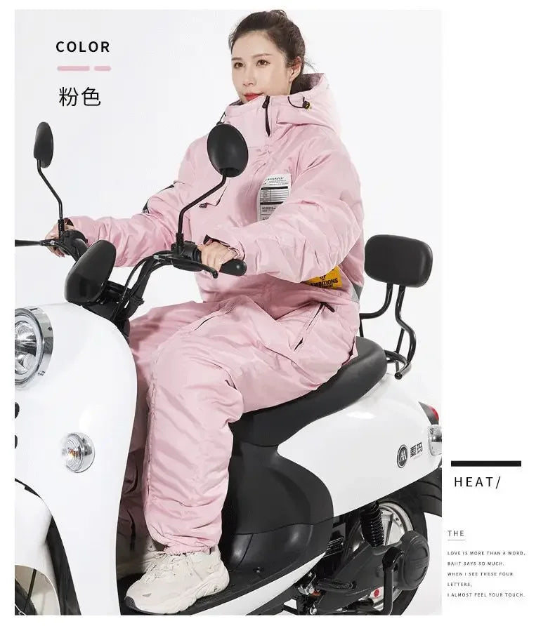 Motorcycle windbreaker split leg straddle ride warm ski suit thickened winter jacket electric bicycle riding suit 오토바이 방한복