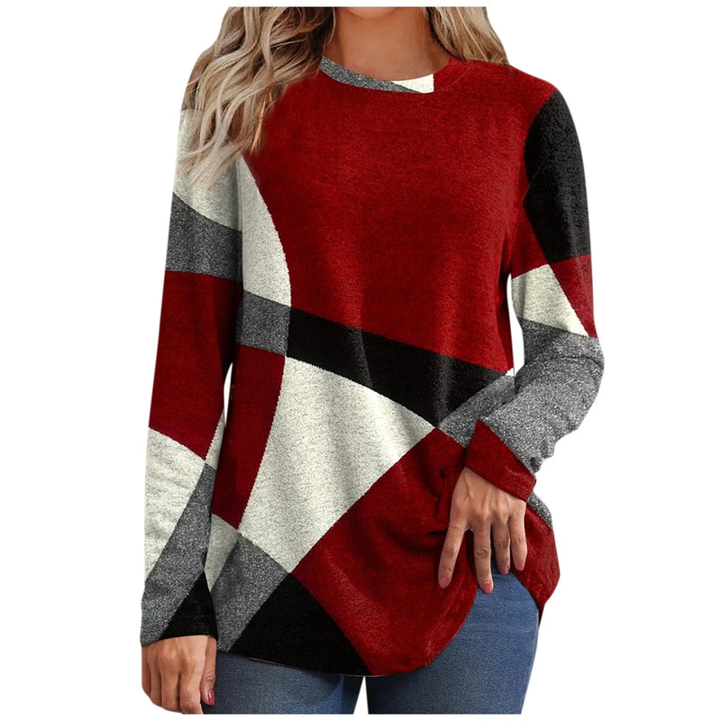 High-quality Trendy Women's Thin Geometric Contrast French Cashmere Long Sleeve Print Fashionable Loose Sweatshirt Comfortable