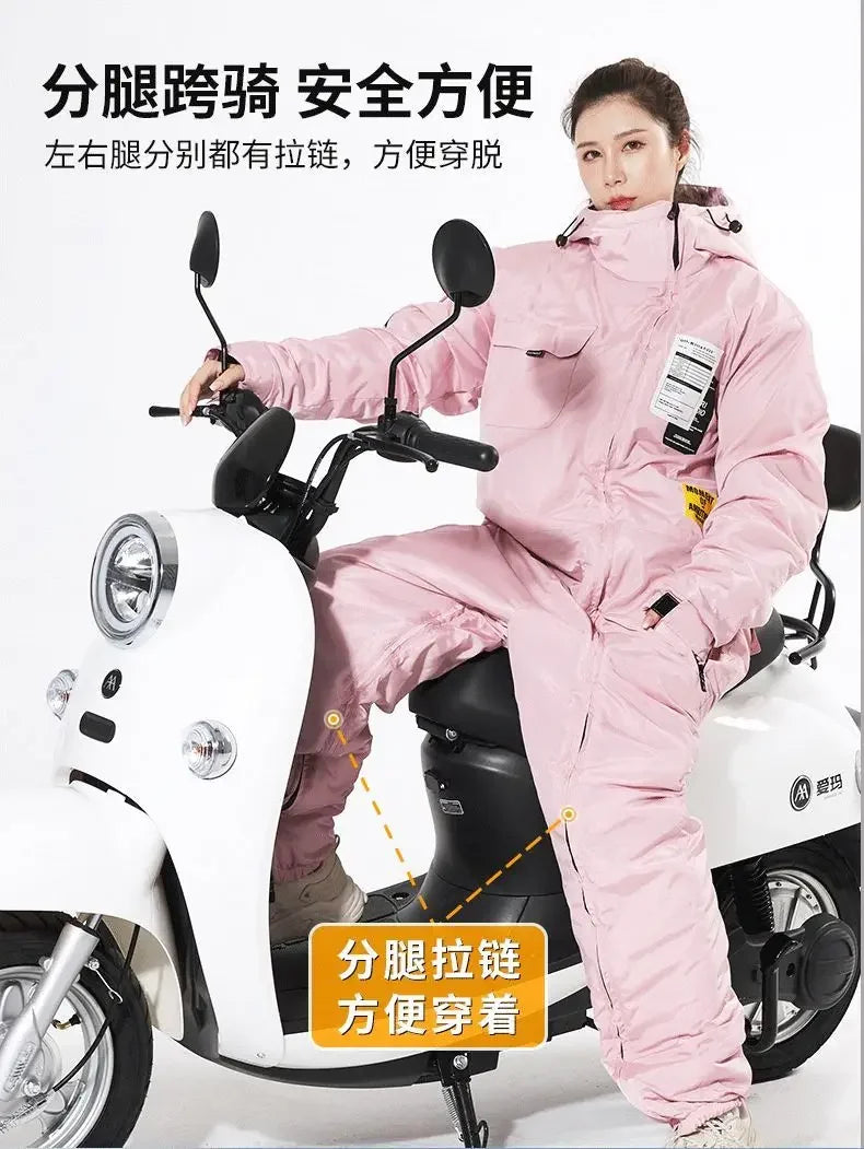 Motorcycle windbreaker split leg straddle ride warm ski suit thickened winter jacket electric bicycle riding suit 오토바이 방한복