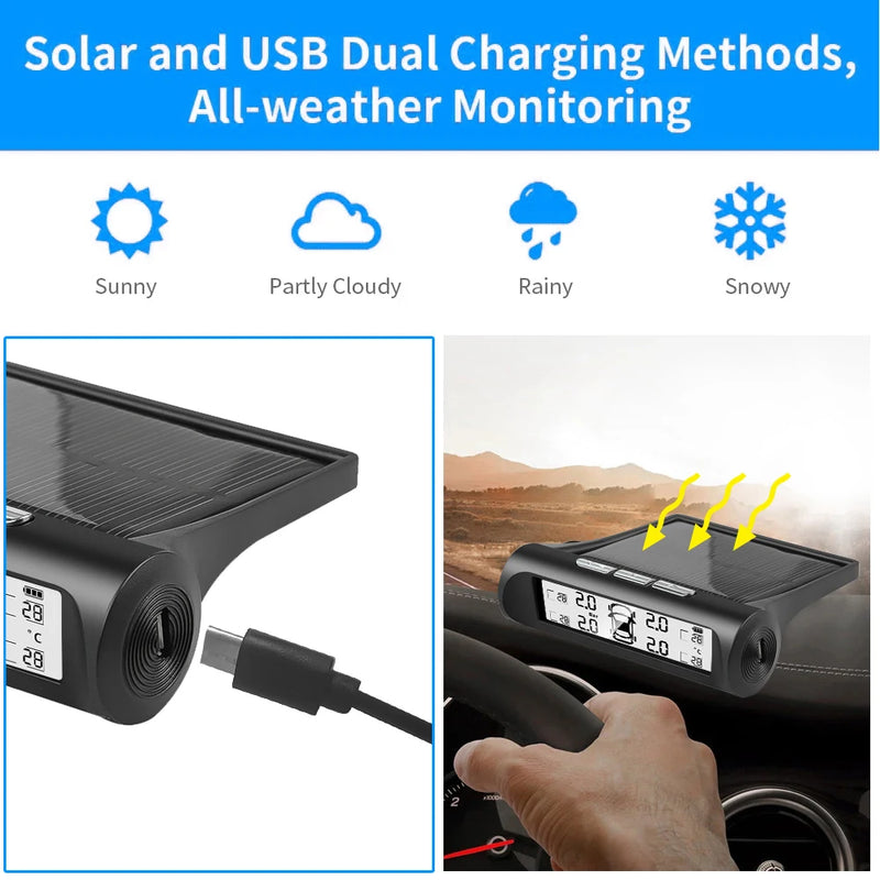 Alarma de presión de neumáticos para automóvil con energía solar, pantalla digital, sistema de monitoreo de presión de neumáticos TPMS inteligente automático, sensor de advertencia de temperatura