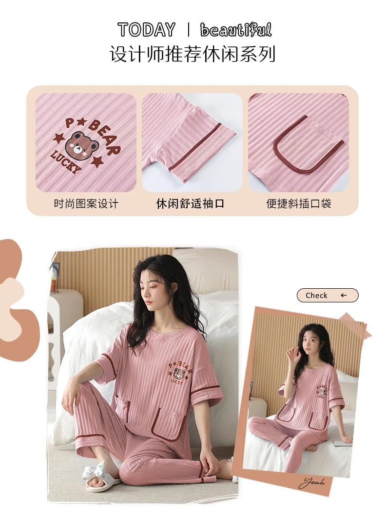 Big Size 5XL Pajama Sets Short Sleeved Cartoon Bear Knitted Pjs Plaid Sleepwear Elegant Women's Pajamas Lounge Home Pijama Mujer