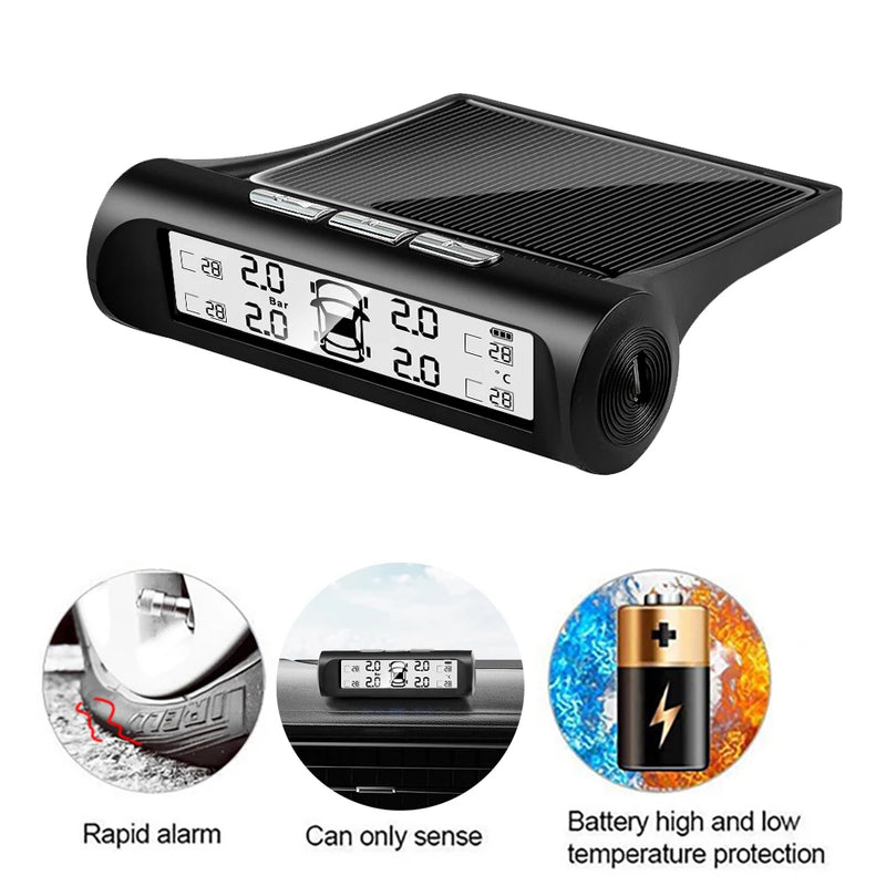 Alarma de presión de neumáticos para automóvil con energía solar, pantalla digital, sistema de monitoreo de presión de neumáticos TPMS inteligente automático, sensor de advertencia de temperatura