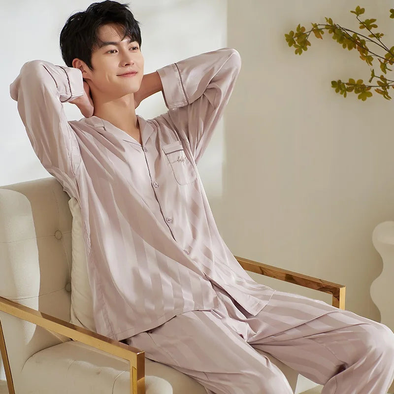 Men Silk Satin Nightwear Suit Spring Autumn Striped Long Sleeve Pajamas Casual Cardigan Homewear Big Yards M-3XL Pijamas Hombre