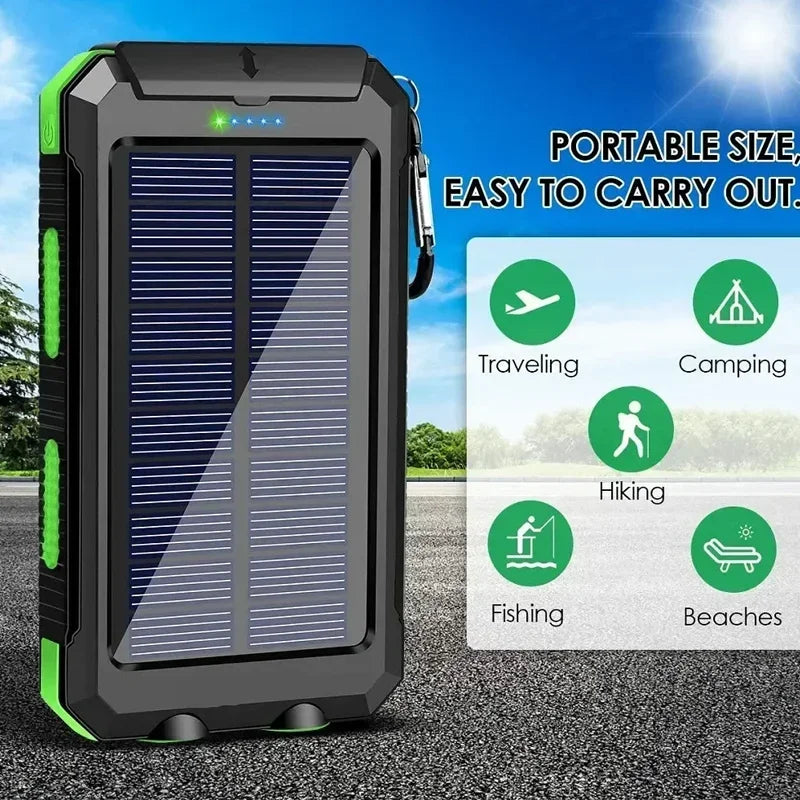 Banco de energía solar portátil de gran capacidad para exteriores, 20000 mAh, resistente al agua, carga súper rápida, linterna portátil para iOS y Android