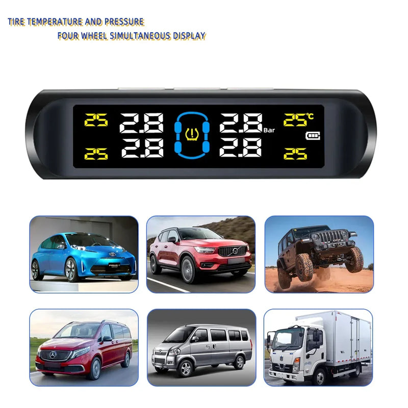 Sistema de monitoreo de presión de neumáticos TPMS con 4 sensores para automóvil, pantalla de advertencia inteligente solar, para automóviles, SUV, MPV