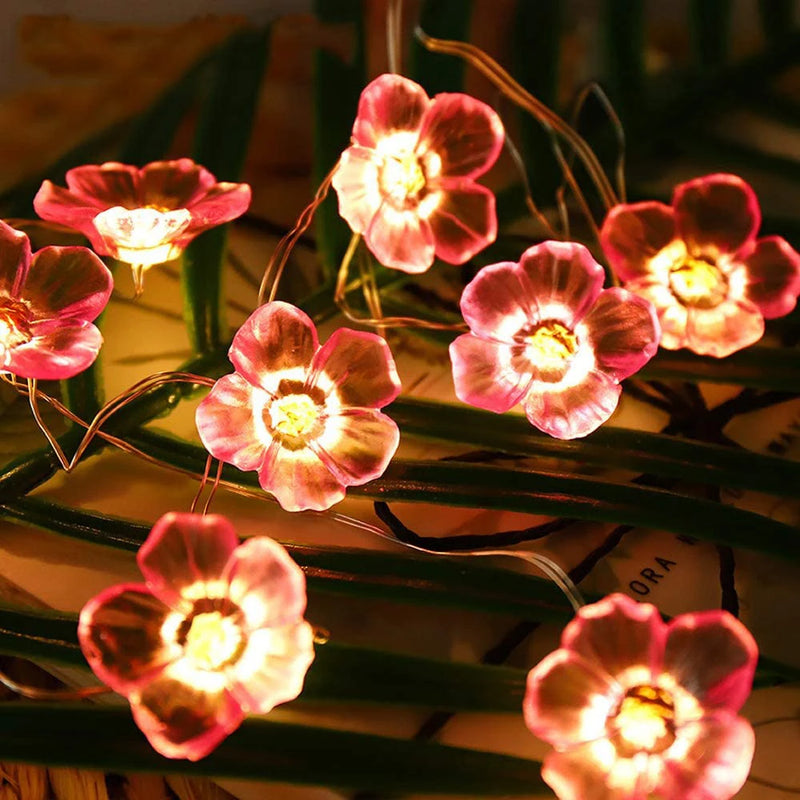 Guirnalda de luces LED de 3 m con diseño de flores de cerezo, guirnalda de luces con batería de color rosa para decoración navideña al aire libre