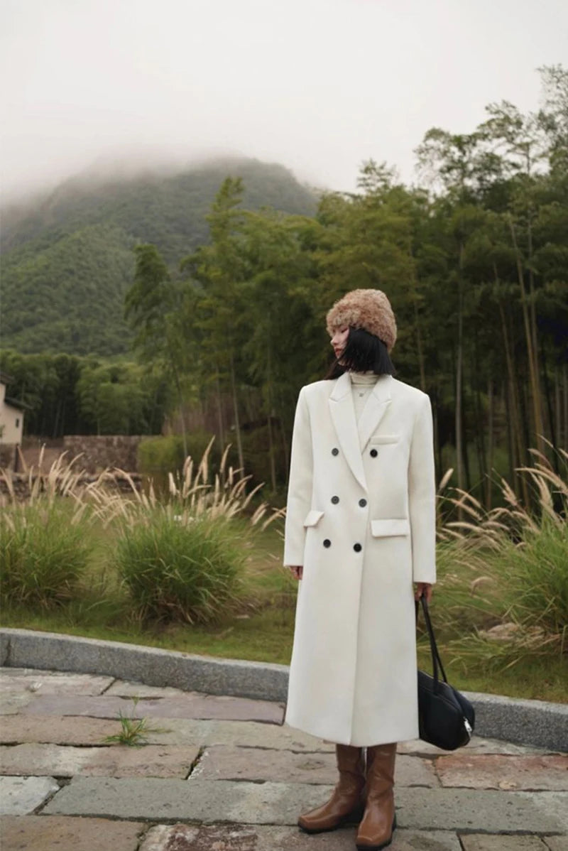 Abrigos largos elegantes de lana para mujer, chaqueta acolchada de calle, abrigo de lana coreano de doble botonadura, prendas de vestir gruesas de gran tamaño para invierno