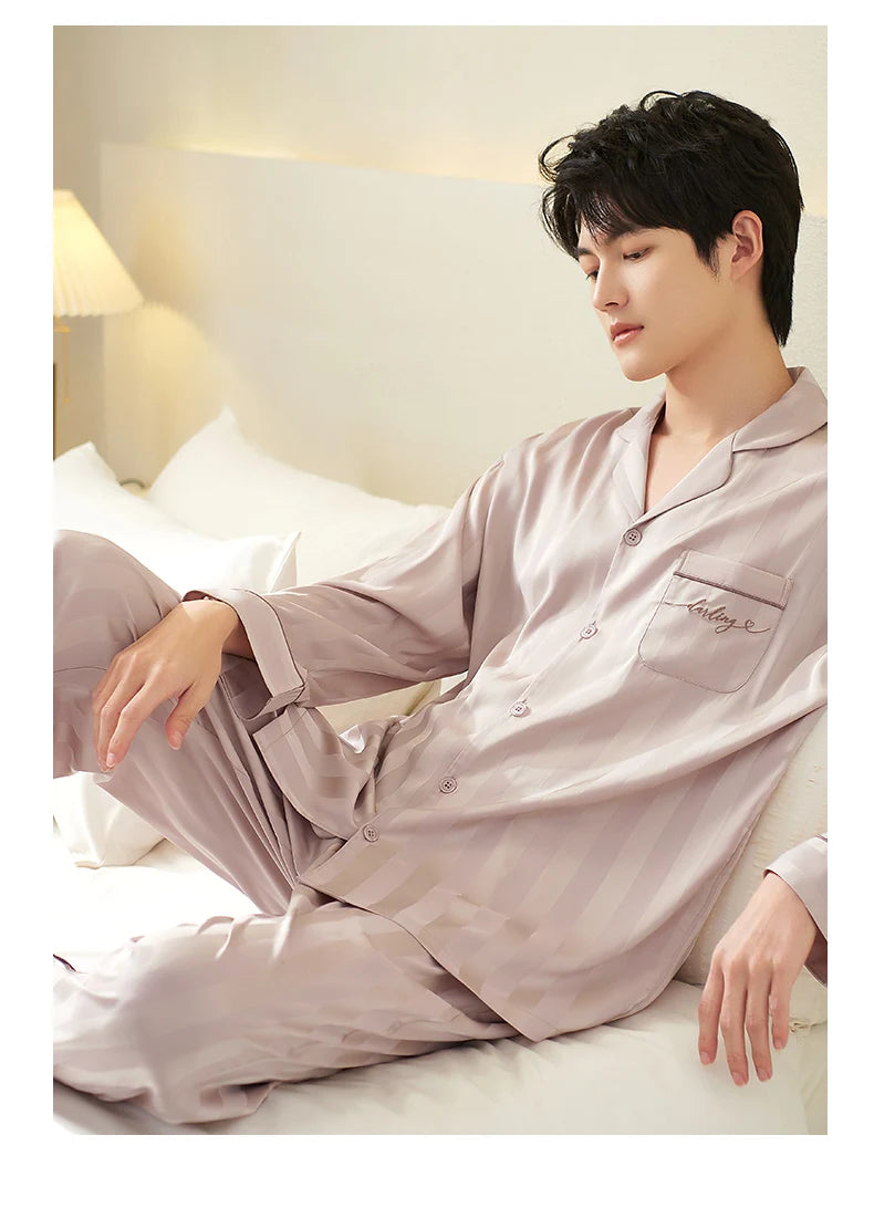 Men Silk Satin Nightwear Suit Spring Autumn Striped Long Sleeve Pajamas Casual Cardigan Homewear Big Yards M-3XL Pijamas Hombre