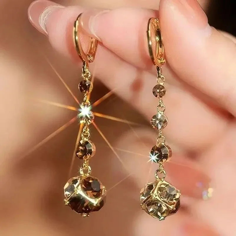 Pendientes elegantes y modernos con borlas de circonita y bola de diamantes de imitación marrones para mujer, accesorios de uso diario, regalos de joyería para fiestas