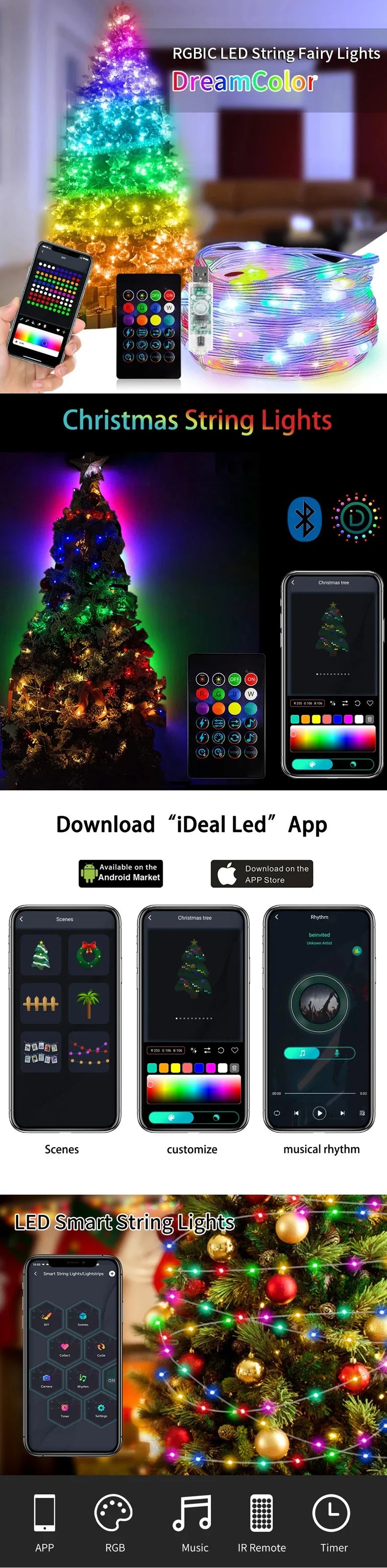 Smart LED Lighting Strings Bluetooth APP Remote Control RGBIC Fairy Lights Waterproof USB Dream Color Light DIY Christmas Tree