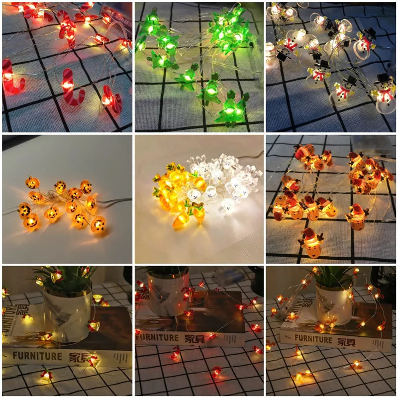 Guirnalda de luces LED navideñas de 2 m y 20 ledes con forma de Papá Noel, copos de nieve, muñeco de nieve, árbol de Navidad, guirnalda de luces de hadas, decoraciones navideñas para el hogar