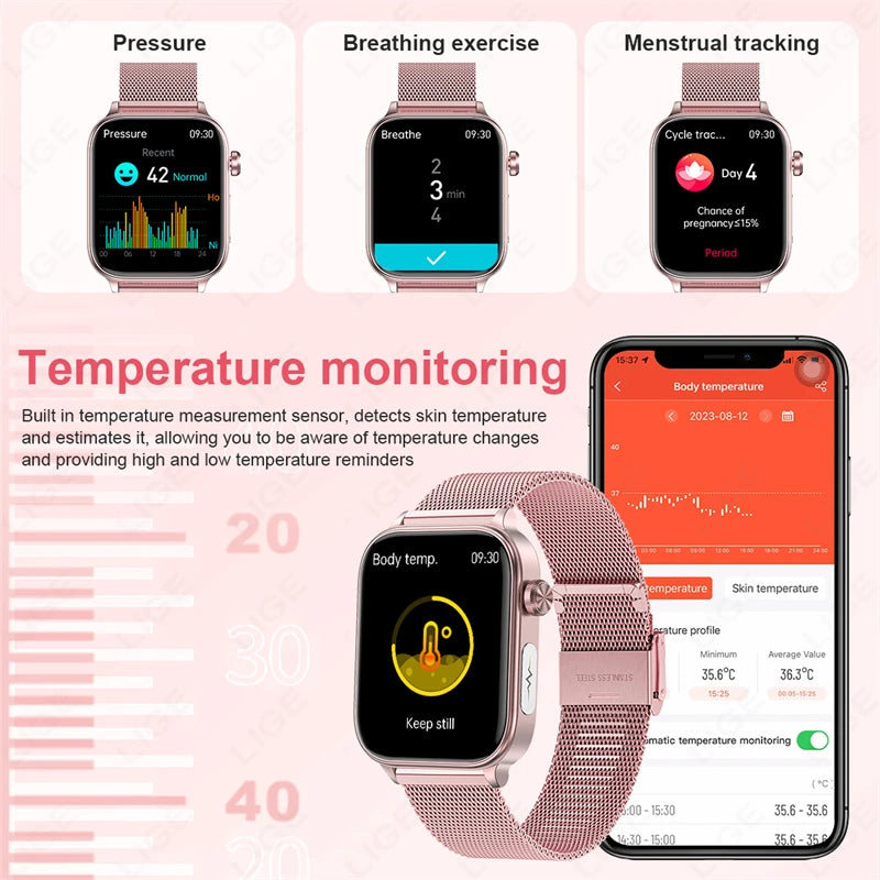 LIGE Health Medical Grade Smart Watch Blood Lipid Uric Acid ECG+PPG Body Temperature Bluetooth Call Smartwatch Men Women Watches