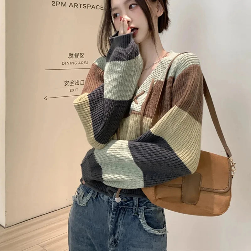 Biyaby Contrast Lace-Up V-Neck Sweater Ladies Preppy Style Basic Long Sleeve Knitted Pullovers Women 2023 Autumn Loose Knitwear