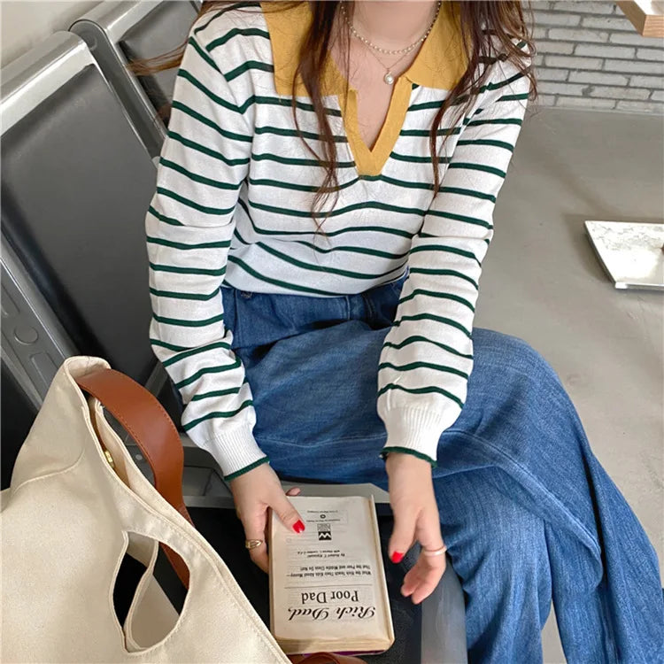 Spring Autumn Contrast Color Fashion Long Sleeve Sweater Women High Street Striped All-match Pullovers Female Casual Elegant Top