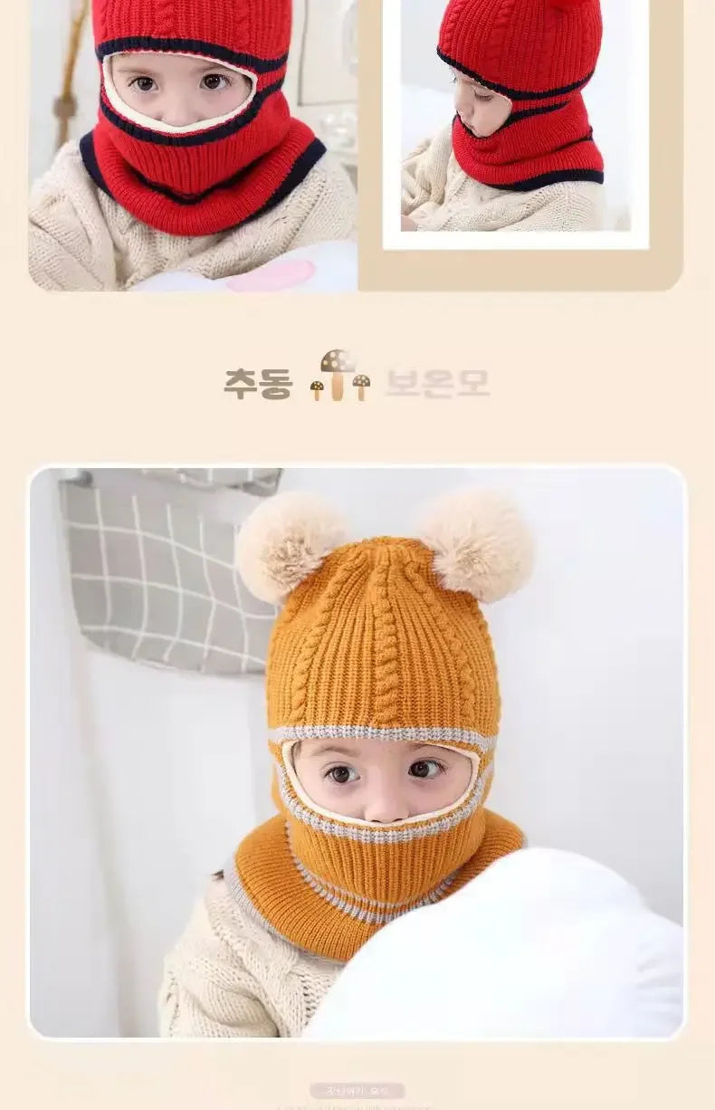 Gorro de invierno para bebé de 2 a 5 años, bufanda, gorro de punto con pompón de una pieza para niños, gorro cálido para el cuello para niñas y niños, gorros a prueba de viento, gorro para bebé