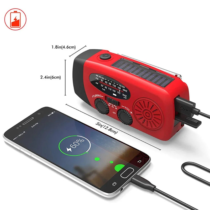 Radio de emergencia multiusos con manivela, solar, recargable por USB, portátil, radio FM, linterna con cargador de baterías para teléfono inteligente