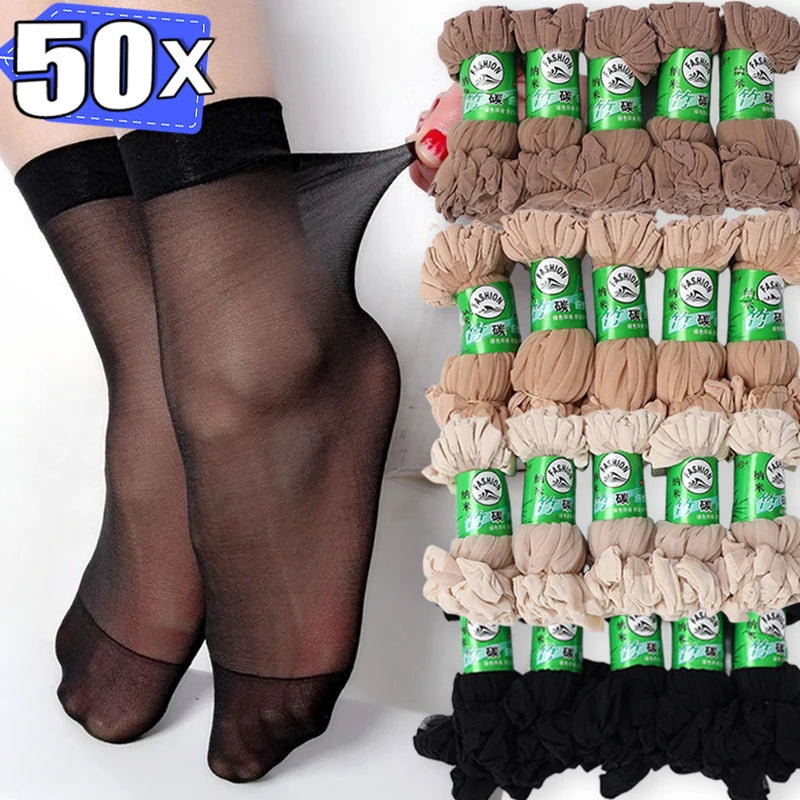 10/50pcs Black Skin Socks Women Sexy Ultrathin Stockings Female Transparent Nylon Crystal Short Ankle Sock Non-Slip Silk Meias