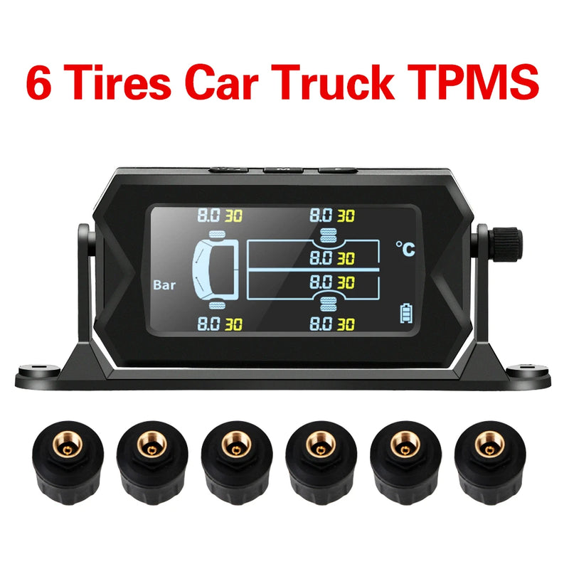 Sistema de monitoreo de presión de neumáticos TPMS para vehículos recreativos y camiones con energía solar, con 6 sensores externos, inalámbrico, soporte ajustable a 180°, resistente al agua