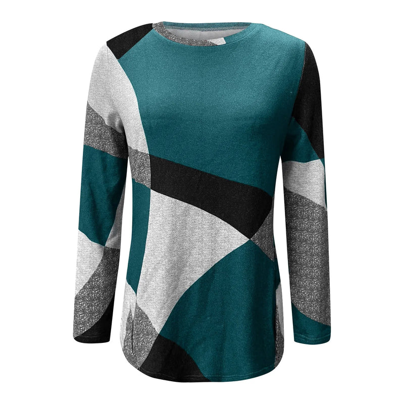 High-quality Trendy Women's Thin Geometric Contrast French Cashmere Long Sleeve Print Fashionable Loose Sweatshirt Comfortable