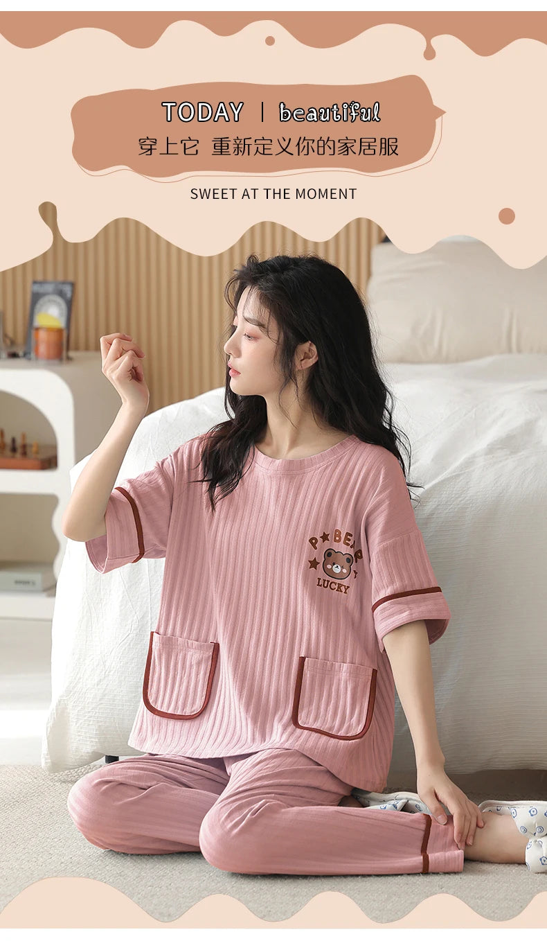 Big Size 5XL Pajama Sets Short Sleeved Cartoon Bear Knitted Pjs Plaid Sleepwear Elegant Women's Pajamas Lounge Home Pijama Mujer