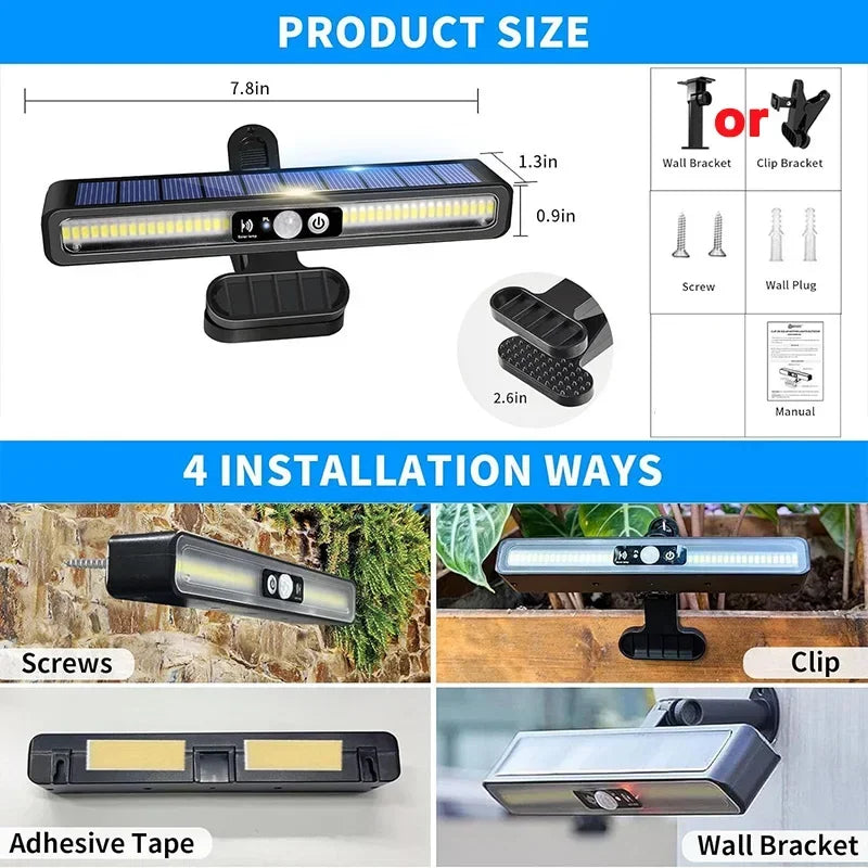 Luces solares de detección de movimiento con clip para exteriores, impermeables, luces solares para vallas exteriores con 36 LED, luz de seguridad portátil con energía solar