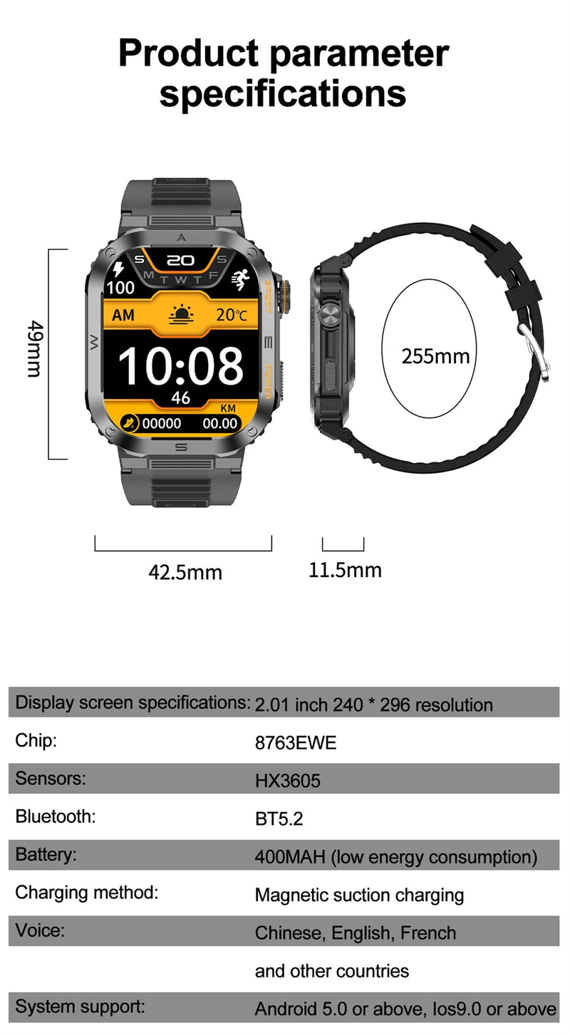 Nuevo reloj inteligente militar resistente con GPS para hombre, relojes deportivos IP68, resistente al agua, 2,01 pulgadas, llamadas por voz IA y Bluetooth, reloj inteligente para Android IOS