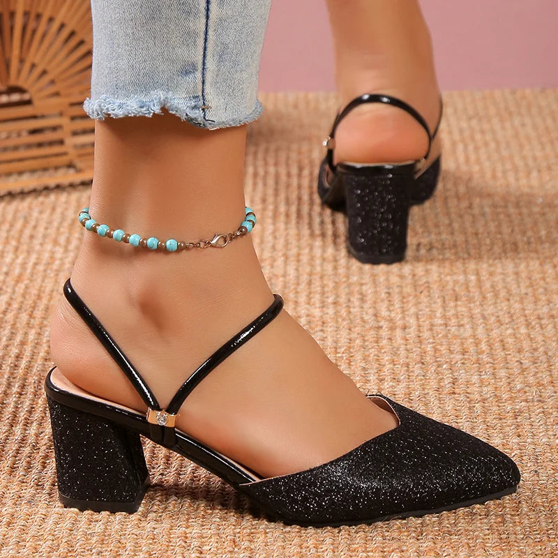 Gold Silver Bling High Heel Pumps Women Fashion Back Strap Slip-On Party Shoes Woman Pointed Toe Slingbacks Thick-Heeled Shoes