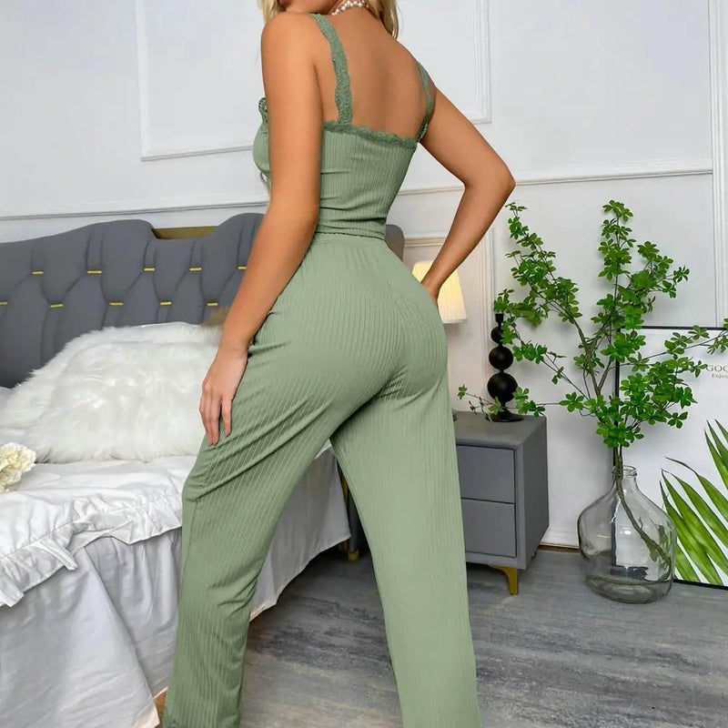 2 Pcs/Set Pants Tank Top Women Pajama Suit Low-cut Solid Color Shirring Lace Women Summer Pajamas Set Homewear