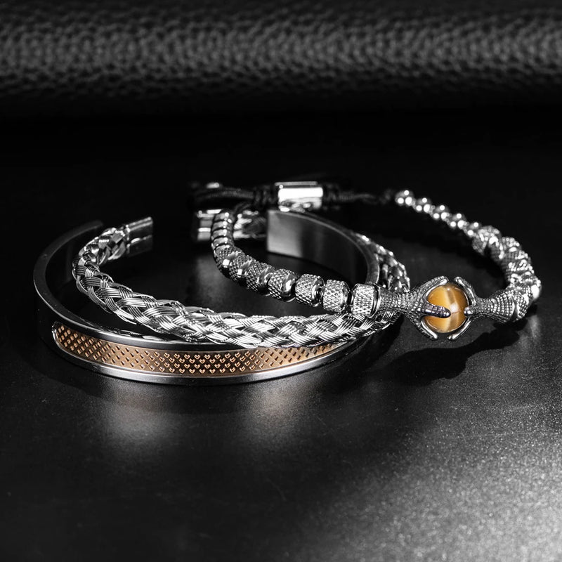 Luxury Set Men Bracelet Stainless Steel Handmade Rope Bangles Men Eagle Bracelets With Tigereye Natural Stone Gift Accessories