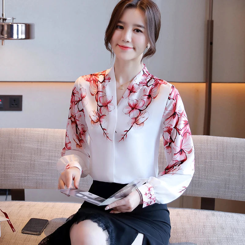 Blouses Femme White Blouse Long Sleeve Blouse Women Blusas Mujer De Moda 2024 V-Neck Print Chiffon Shirt Women Tops Blusas E699