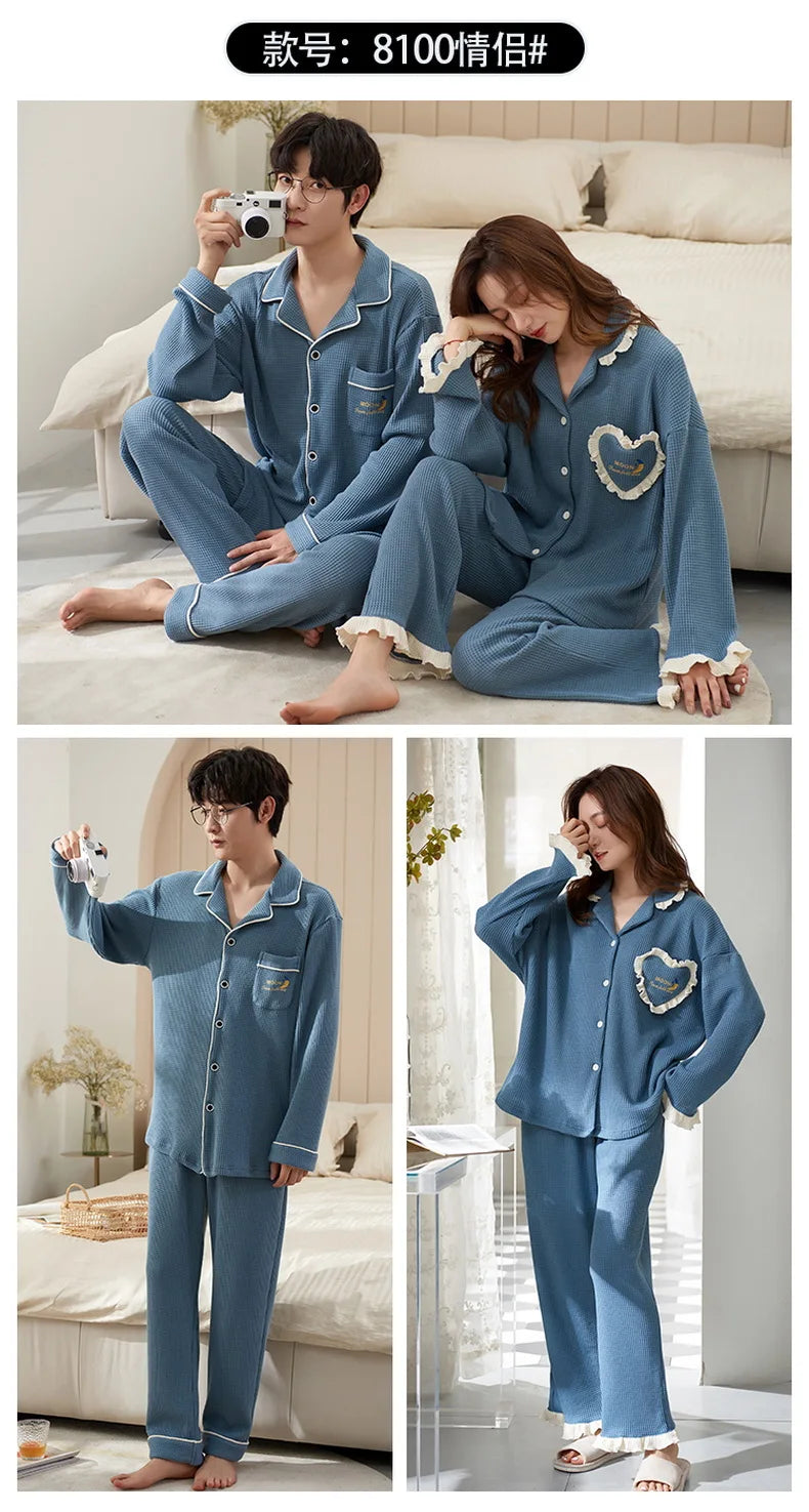 Cotton Sleepwear For Couples Korean Cardigan Men Pijamas Women Pajamas Set Long Sleep Tops Pant Nightwear Pjs pareja hombre