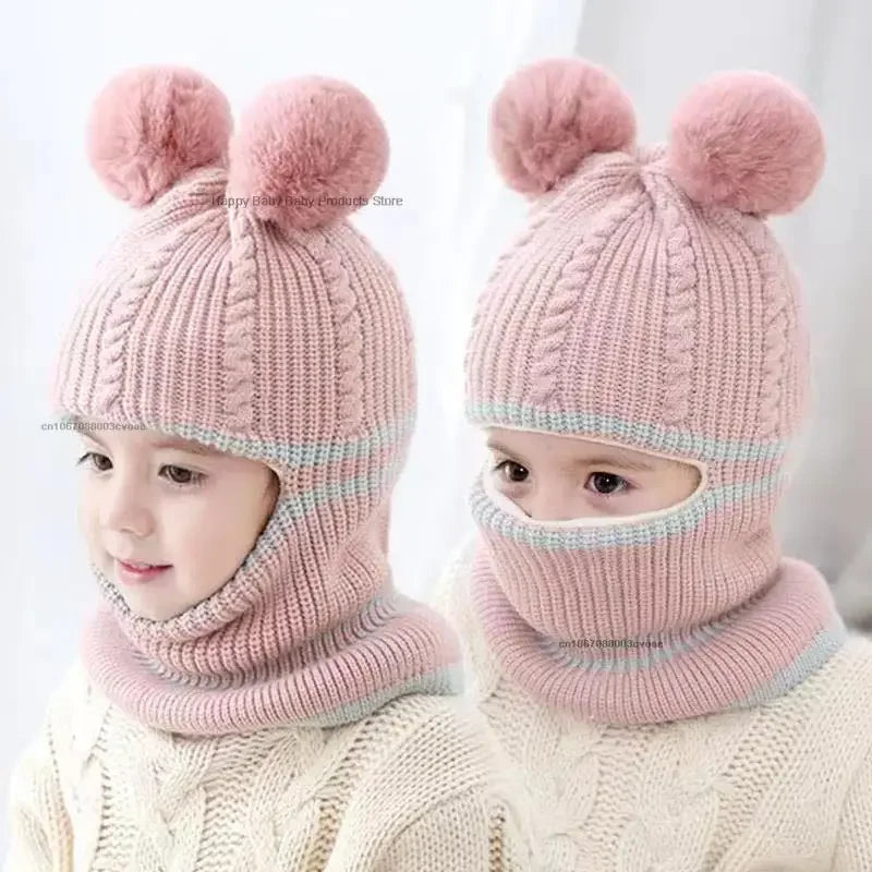 Gorro de invierno para bebé de 2 a 5 años, bufanda, gorro de punto con pompón de una pieza para niños, gorro cálido para el cuello para niñas y niños, gorros a prueba de viento, gorro para bebé