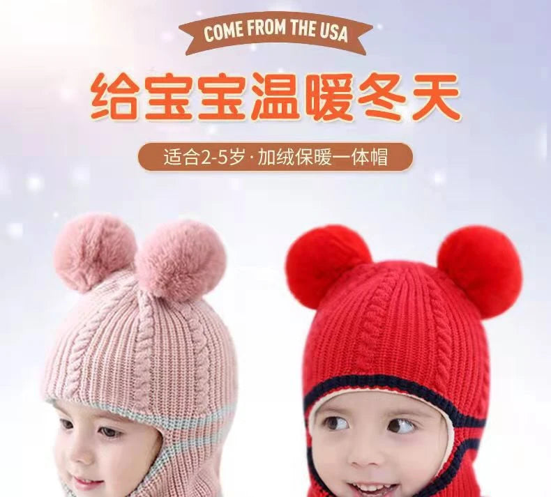 Gorro de invierno para bebé de 2 a 5 años, bufanda, gorro de punto con pompón de una pieza para niños, gorro cálido para el cuello para niñas y niños, gorros a prueba de viento, gorro para bebé