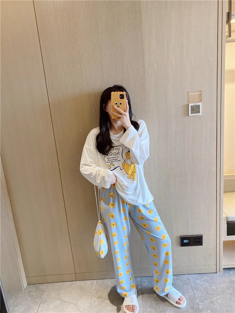 Pijama nuevo de Disney Donald Duck para mujer, conjunto de dos piezas de pantalones de manga larga de algodón de otoño, pijama de seda, conjunto de ropa de estar por casa para mujer