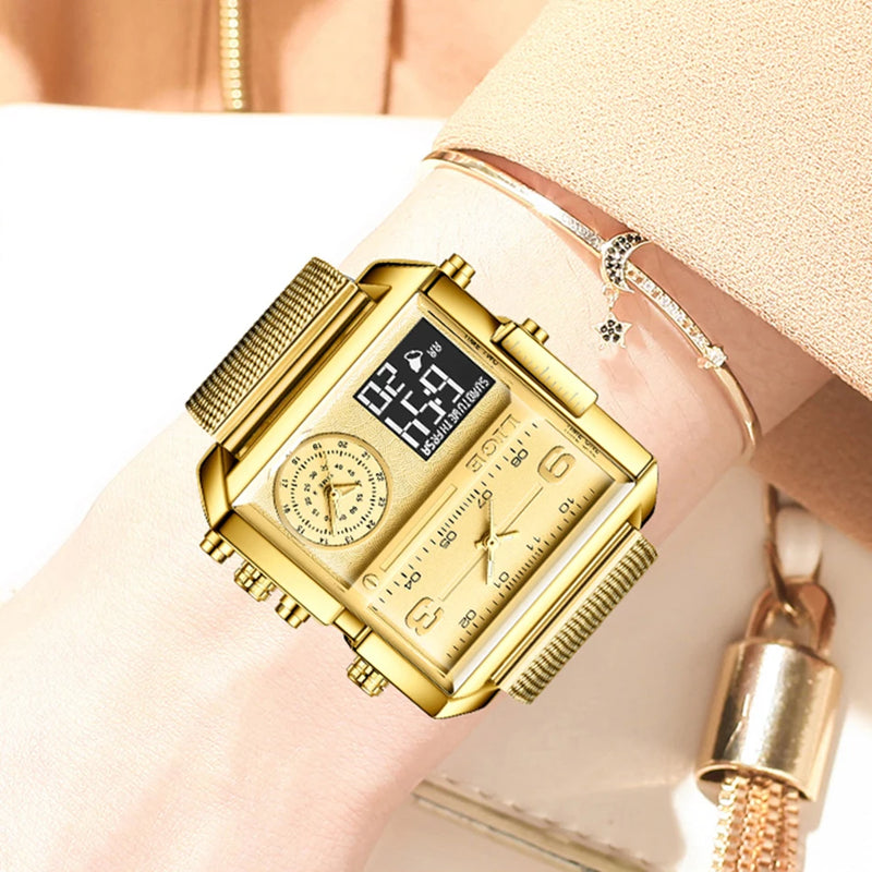 LIGE 2023 New Gold Watch Women Top Brand Luxury Creative Square Watches Ladies Fashion Dual Display Watch Relogio Feminino+BOX