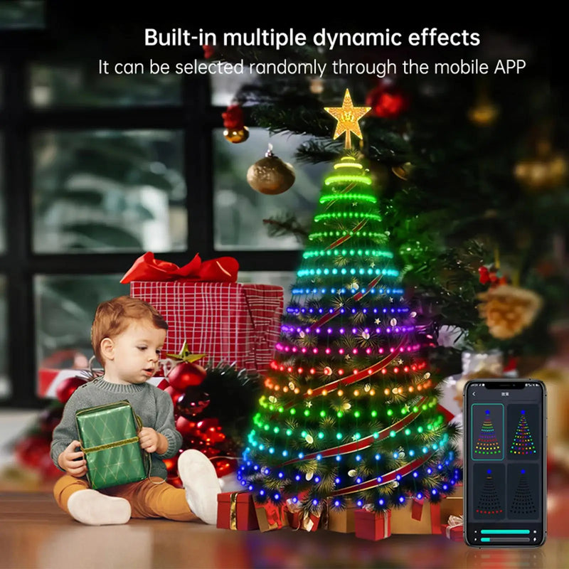 Smart RGB LED Christmas Tree Lights Fairy LED Star Strings Waterfall APP Bluetooth Yard Holiday Music Rhythm Lights RGB LED Xmas