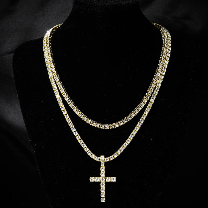 Men Women Hip Hop Cross Pendant Necklace Strap Men 4mm Zircon Tennis Chain Iced Sparkling Necklace Punk Jewelry Fashion Gift