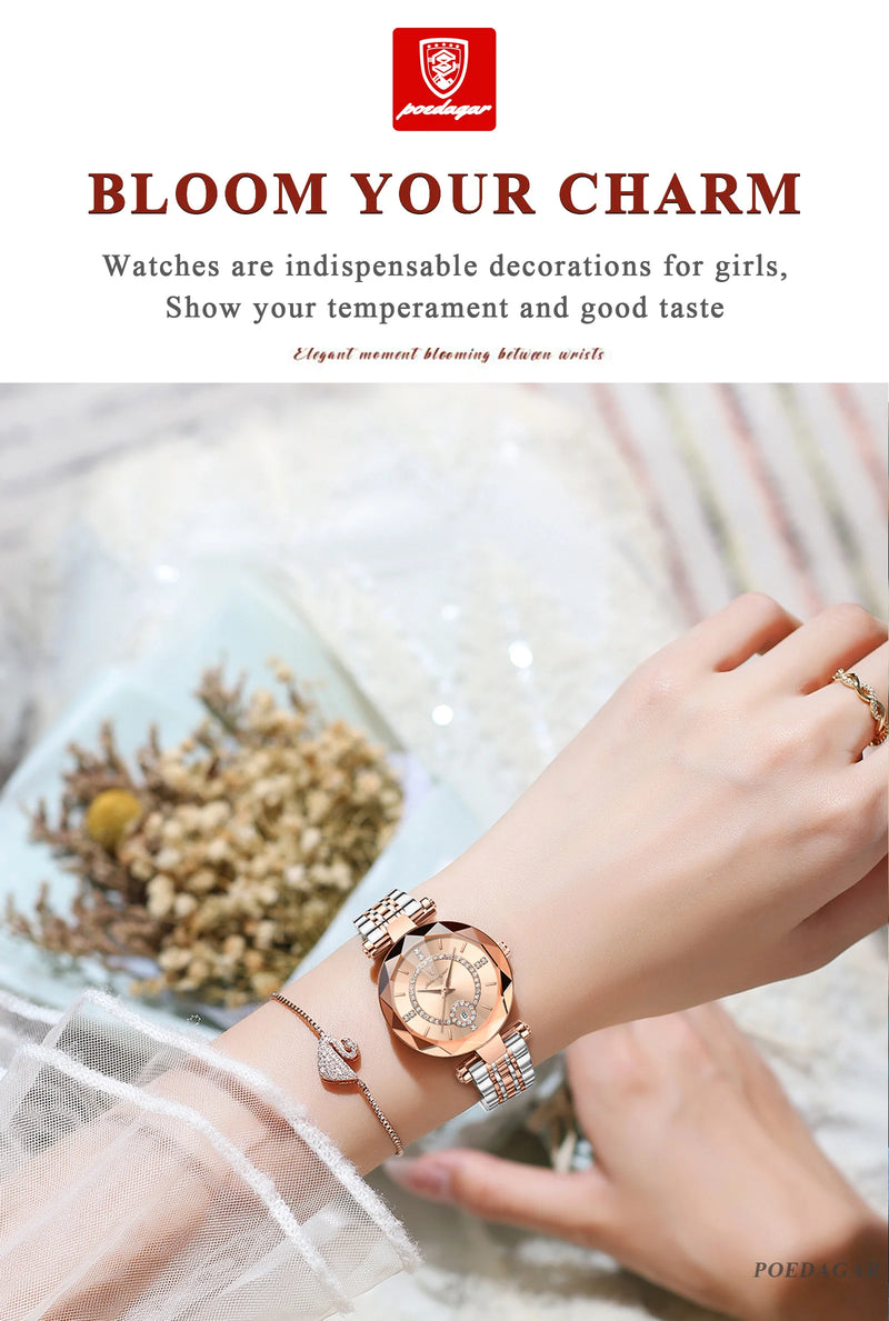 POEDAGAR Luxury Watch For Woman High Quality Diamond Ladies Quartz Watch Waterproof Date Stainless Steel Women Watches reloj+box