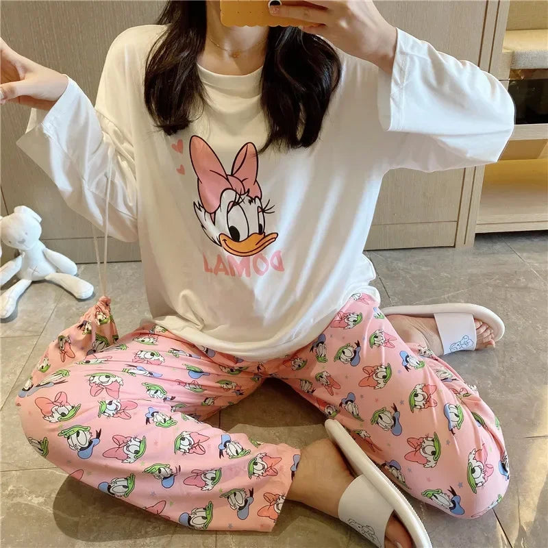 Pijama nuevo de Disney Donald Duck para mujer, conjunto de dos piezas de pantalones de manga larga de algodón de otoño, pijama de seda, conjunto de ropa de estar por casa para mujer