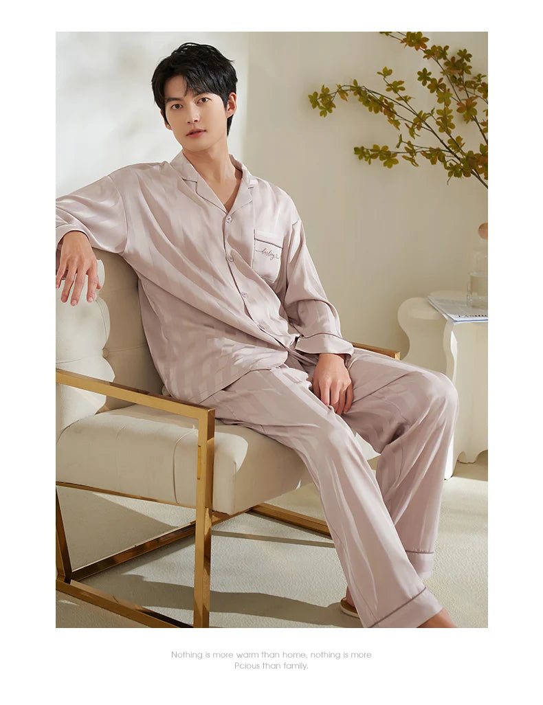 Men Silk Satin Nightwear Suit Spring Autumn Striped Long Sleeve Pajamas Casual Cardigan Homewear Big Yards M-3XL Pijamas Hombre