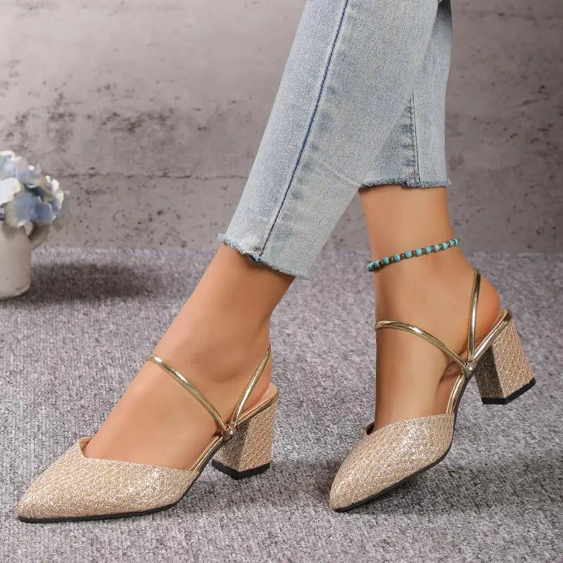 Gold Silver Bling High Heel Pumps Women Fashion Back Strap Slip-On Party Shoes Woman Pointed Toe Slingbacks Thick-Heeled Shoes