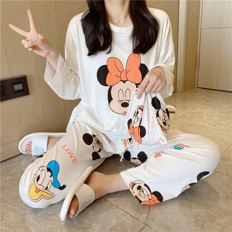 Pijama nuevo de Disney Donald Duck para mujer, conjunto de dos piezas de pantalones de manga larga de algodón de otoño, pijama de seda, conjunto de ropa de estar por casa para mujer