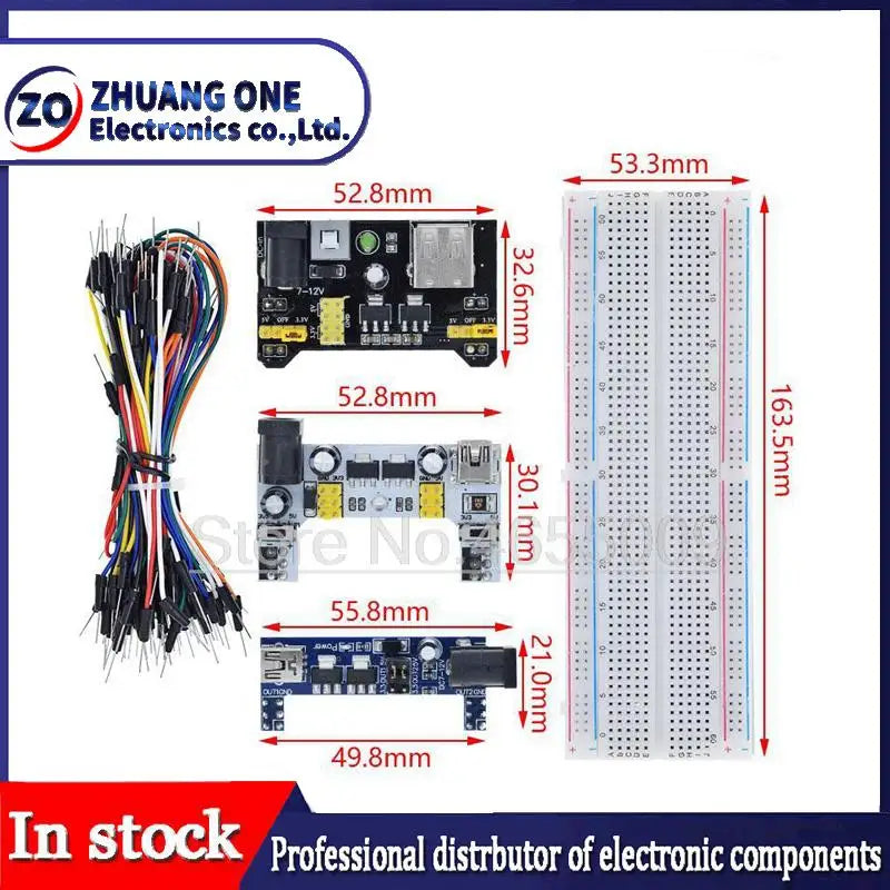 Módulo de alimentación de placa de pruebas MB102 de 3,3 V/5 V + 65 cables puente + prototipo de placa de pruebas MB-102 de 830 puntos para kit Arduino