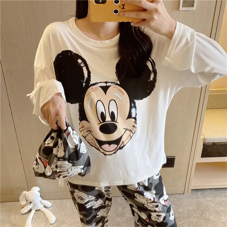 Pijama nuevo de Disney Donald Duck para mujer, conjunto de dos piezas de pantalones de manga larga de algodón de otoño, pijama de seda, conjunto de ropa de estar por casa para mujer